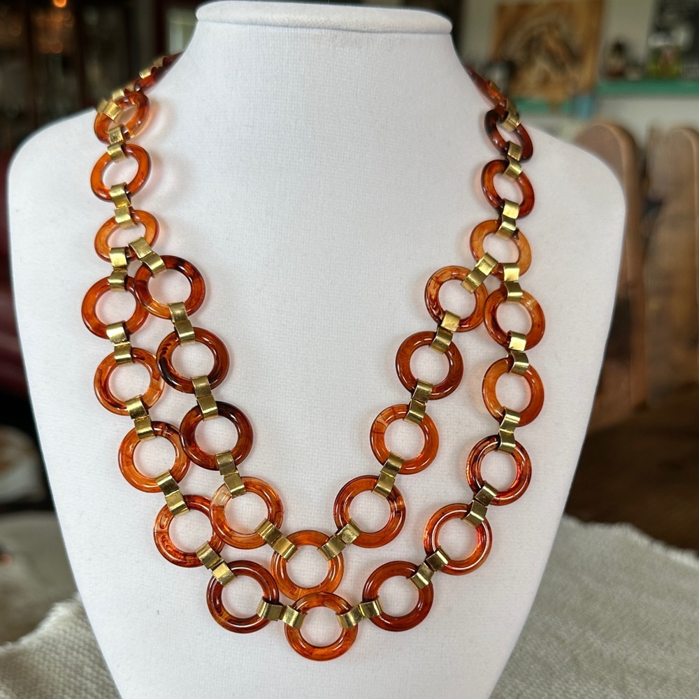Vintage Faux Tortoise Shell Acrylic Circles with Gold Tone Link Necklace